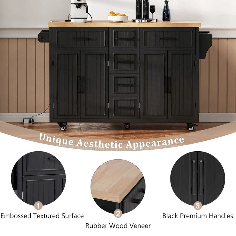 Kitchen Storage Island on Wheels with Drop Leaf & Power Outlet, 56.5 Kitchen Island with 4 Doors , 5 Deep Drawers