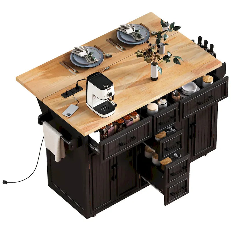 Kitchen Storage Island on Wheels with Drop Leaf & Power Outlet, 56.5 Kitchen Island with 4 Doors , 5 Deep Drawers