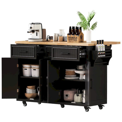 Kitchen Storage Island on Wheels with Drop Leaf & Power Outlet, 56.5 Kitchen Island with 4 Doors , 5 Deep Drawers