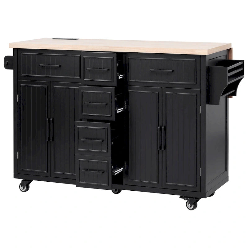 Kitchen Storage Island on Wheels with Drop Leaf & Power Outlet, 56.5 Kitchen Island with 4 Doors , 5 Deep Drawers