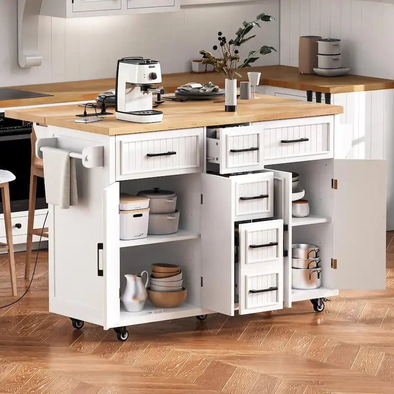 Kitchen Storage Island on Wheels with Drop Leaf & Power Outlet, 56.5 Kitchen Island with 4 Doors , 5 Deep Drawers