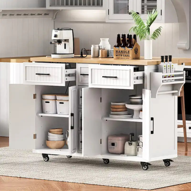 Kitchen Storage Island on Wheels with Drop Leaf & Power Outlet, 56.5 Kitchen Island with 4 Doors , 5 Deep Drawers