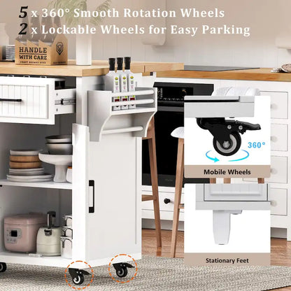 Kitchen Storage Island on Wheels with Drop Leaf & Power Outlet, 56.5 Kitchen Island with 4 Doors , 5 Deep Drawers