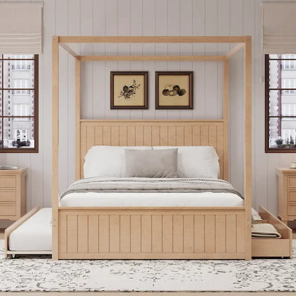 Queen Size Platform Canopy Bed with Trundle Bed and 3 Drawers Storage Bed, 4-post Solid Wood Bed Frame with Wingback Headboard