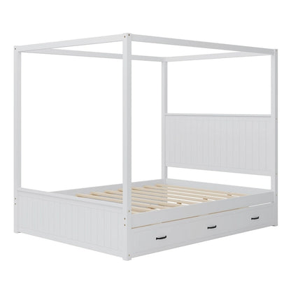 Queen Size Platform Canopy Bed with Trundle Bed and 3 Drawers Storage Bed, 4-post Solid Wood Bed Frame with Wingback Headboard