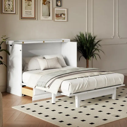 Farmhouse Murphy Bed Convertible Space-Saving Cube Chest Cabinet with Large Drawers and Charging Station, Foldable Platform Bed