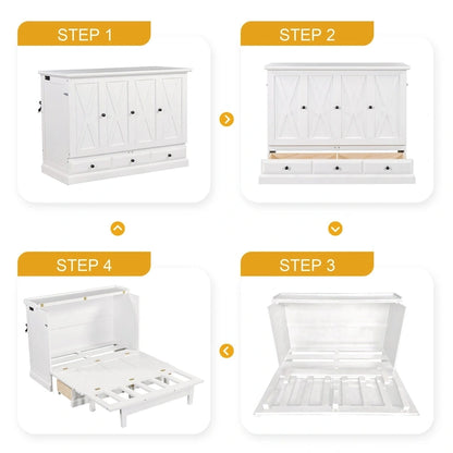 Farmhouse Murphy Bed Convertible Space-Saving Cube Chest Cabinet with Large Drawers and Charging Station, Foldable Platform Bed