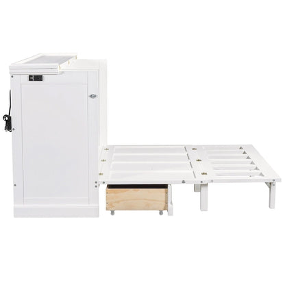 Farmhouse Murphy Bed Convertible Space-Saving Cube Chest Cabinet with Large Drawers and Charging Station, Foldable Platform Bed