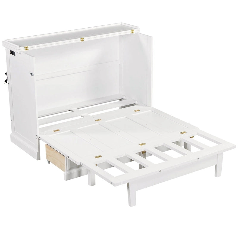 Farmhouse Murphy Bed Convertible Space-Saving Cube Chest Cabinet with Large Drawers and Charging Station, Foldable Platform Bed