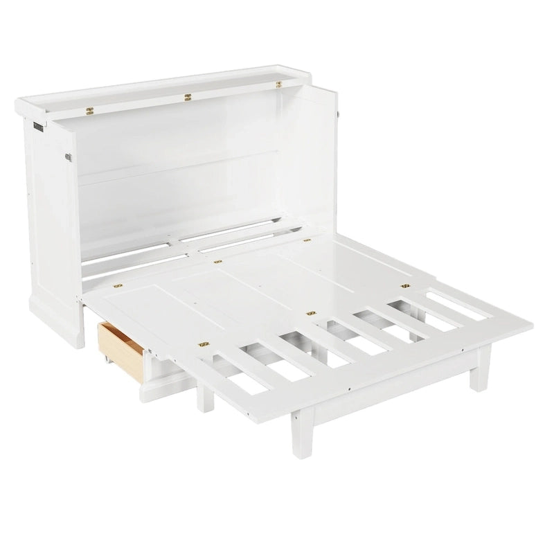 Farmhouse Murphy Bed Convertible Space-Saving Cube Chest Cabinet with Large Drawers and Charging Station, Foldable Platform Bed