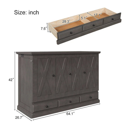 Farmhouse Murphy Bed Convertible Space-Saving Cube Chest Cabinet with Large Drawers and Charging Station, Foldable Platform Bed