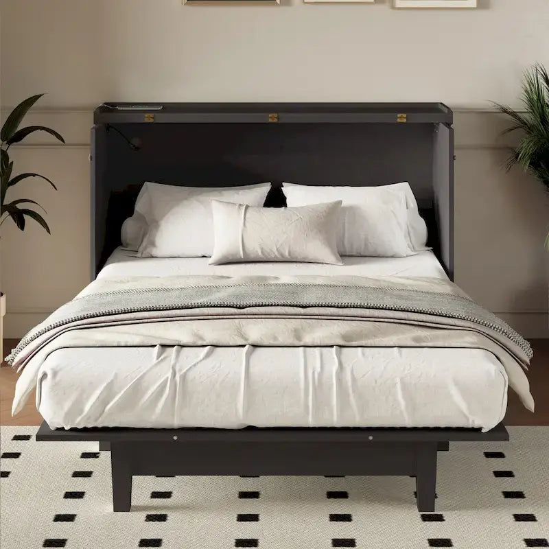 Farmhouse Murphy Bed Convertible Space-Saving Cube Chest Cabinet with Large Drawers and Charging Station, Foldable Platform Bed