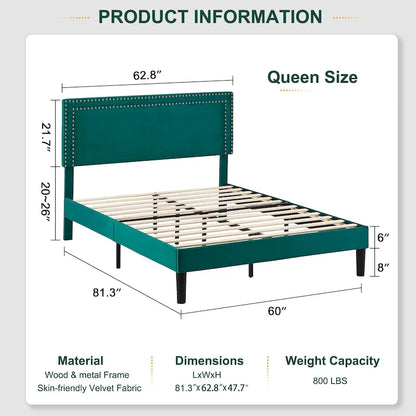Upholstered Platform Bed Frame with Adjustable HeadboardTwin/Full/Queen Size Beds, Dark Green