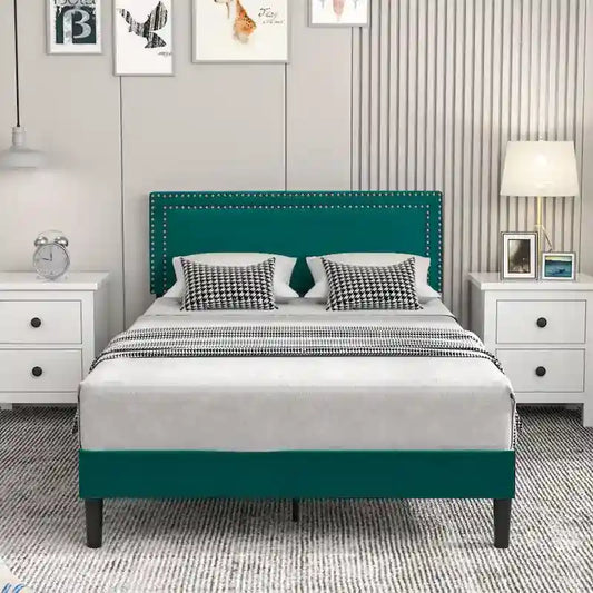 Upholstered Platform Bed Frame with Adjustable HeadboardTwin/Full/Queen Size Beds, Dark Green