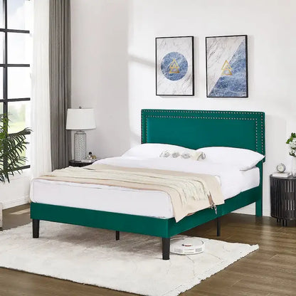 Upholstered Platform Bed Frame with Adjustable HeadboardTwin/Full/Queen Size Beds, Dark Green