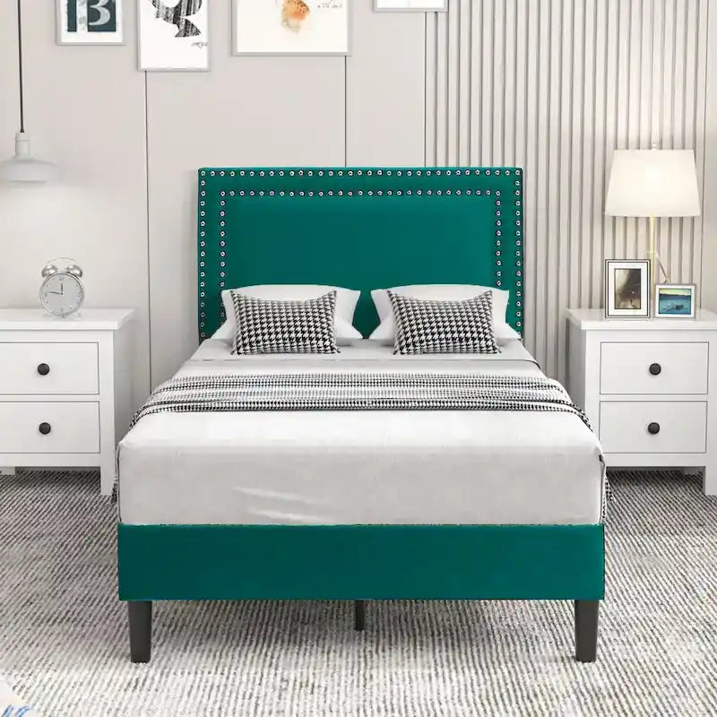Upholstered Platform Bed Frame with Adjustable HeadboardTwin/Full/Queen Size Beds, Dark Green