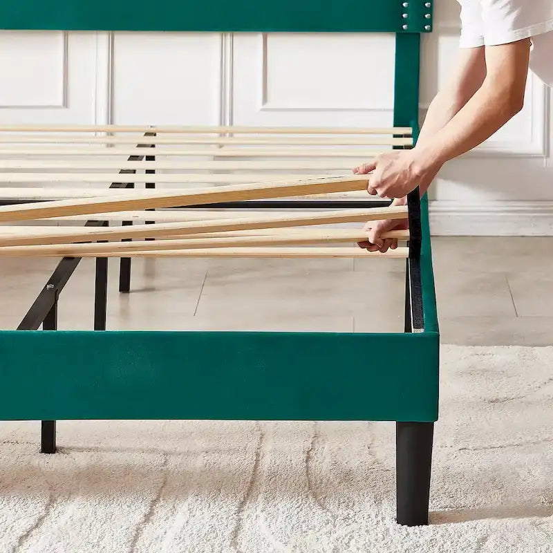 Upholstered Platform Bed Frame with Adjustable HeadboardTwin/Full/Queen Size Beds, Dark Green
