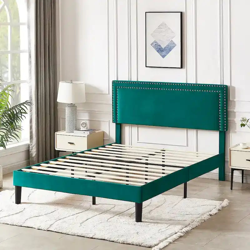 Upholstered Platform Bed Frame with Adjustable HeadboardTwin/Full/Queen Size Beds, Dark Green