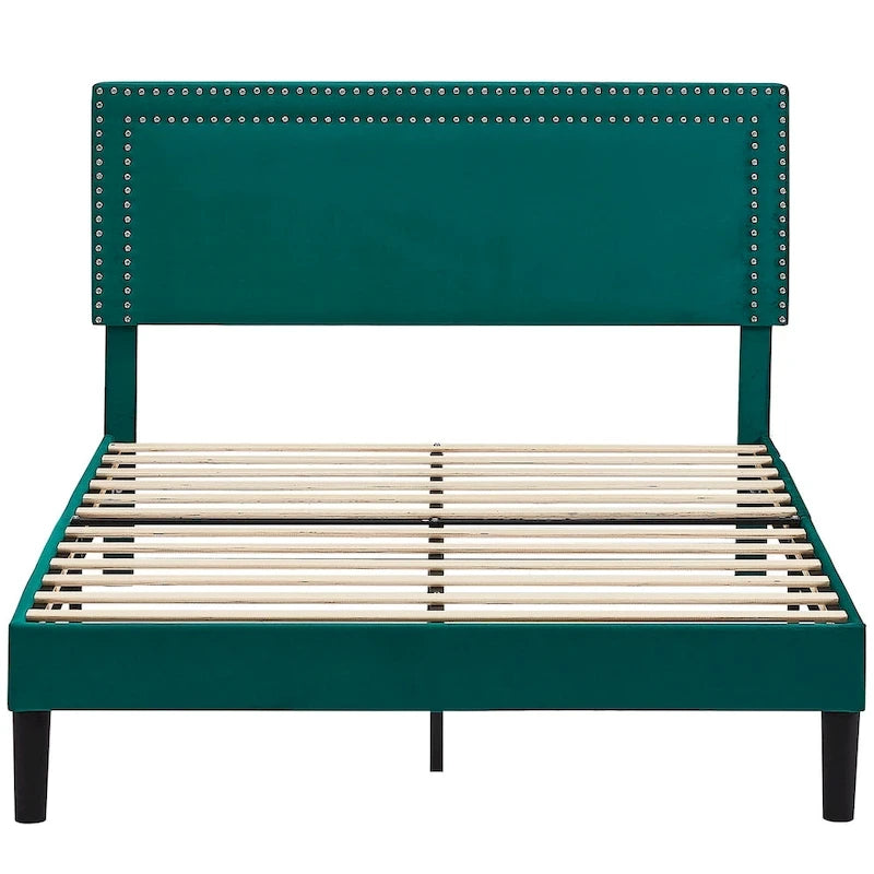 Upholstered Platform Bed Frame with Adjustable HeadboardTwin/Full/Queen Size Beds, Dark Green