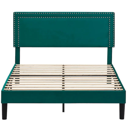 Upholstered Platform Bed Frame with Adjustable HeadboardTwin/Full/Queen Size Beds, Dark Green