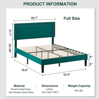 Upholstered Platform Bed Frame with Adjustable HeadboardTwin/Full/Queen Size Beds, Dark Green
