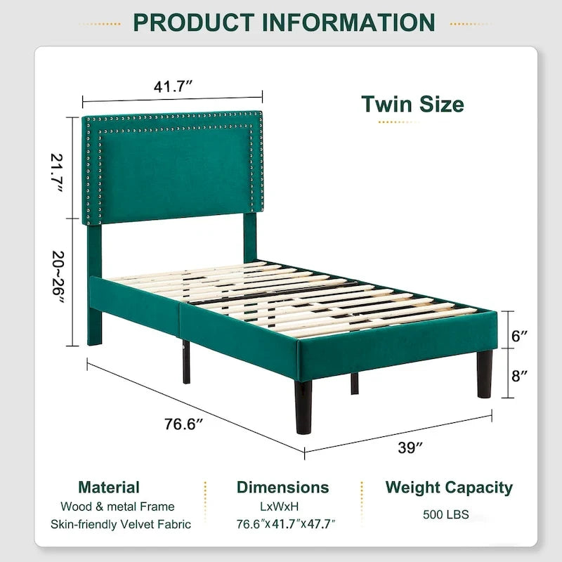 Upholstered Platform Bed Frame with Adjustable HeadboardTwin/Full/Queen Size Beds, Dark Green