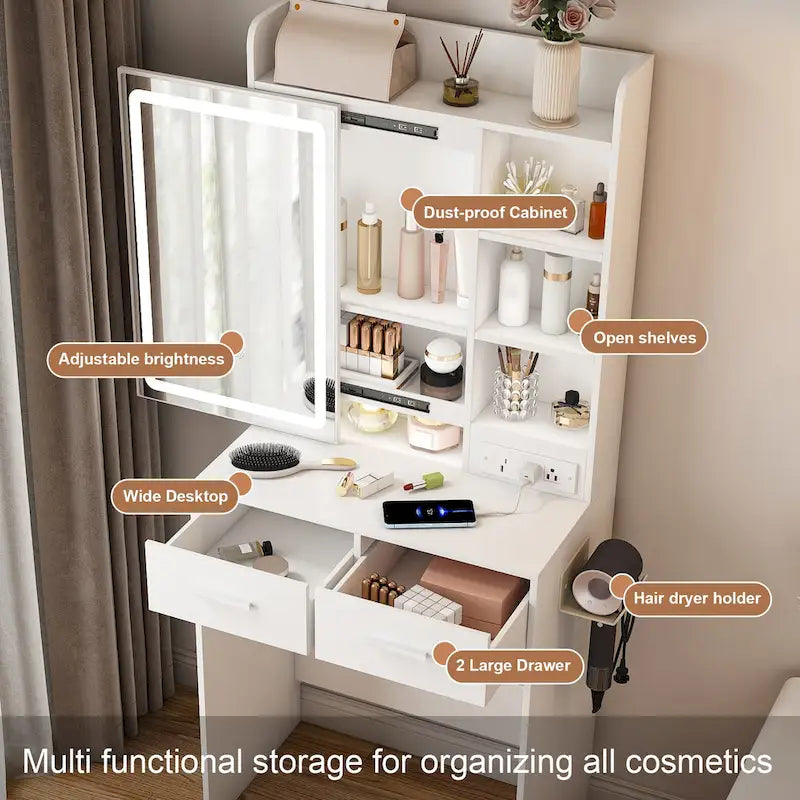 Small Makeup Vanity Desk with Mirror & LED Lights,Built-in Power Outlet & Hidden Storage,Includes Padded stool & Shelf