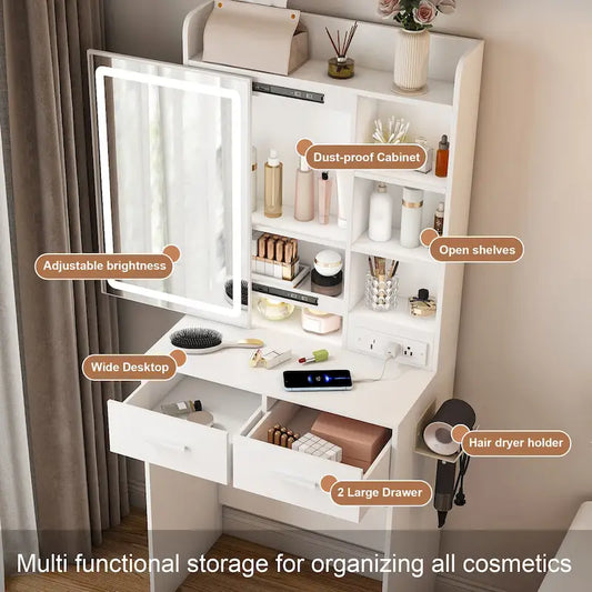 Small Makeup Vanity Desk with Mirror & LED Lights,Built-in Power Outlet & Hidden Storage,Includes Padded stool & Shelf
