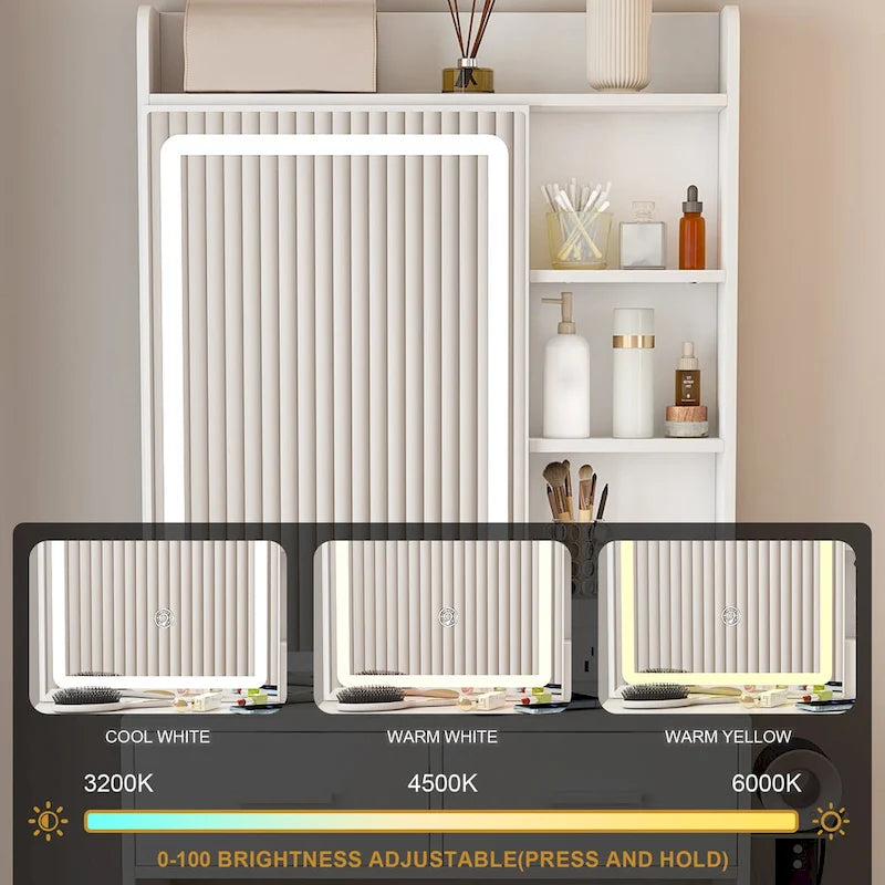 Small Makeup Vanity Desk with Mirror & LED Lights,Built-in Power Outlet & Hidden Storage,Includes Padded stool & Shelf