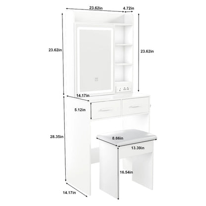 Small Makeup Vanity Desk with Mirror & LED Lights,Built-in Power Outlet & Hidden Storage,Includes Padded stool & Shelf