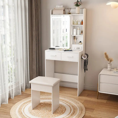Small Makeup Vanity Desk with Mirror & LED Lights,Built-in Power Outlet & Hidden Storage,Includes Padded stool & Shelf