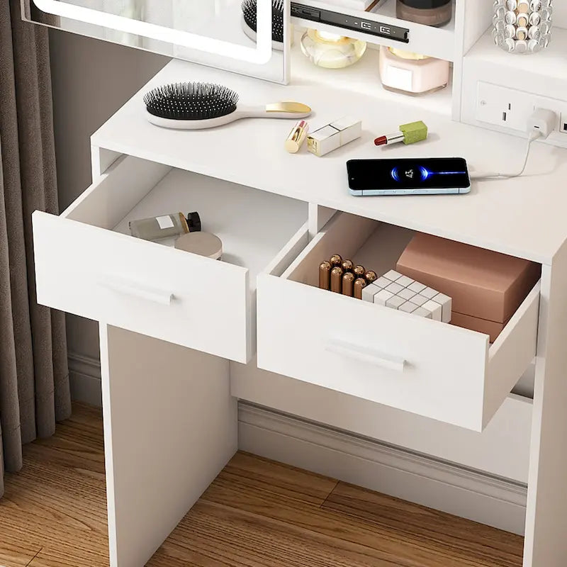 Small Makeup Vanity Desk with Mirror & LED Lights,Built-in Power Outlet & Hidden Storage,Includes Padded stool & Shelf