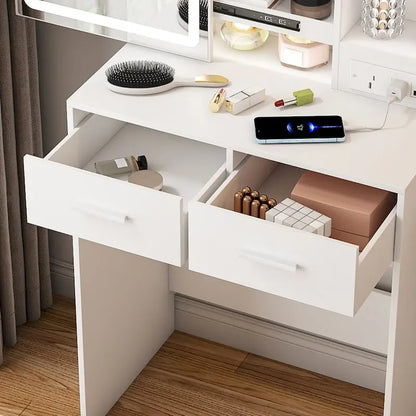 Small Makeup Vanity Desk with Mirror & LED Lights,Built-in Power Outlet & Hidden Storage,Includes Padded stool & Shelf