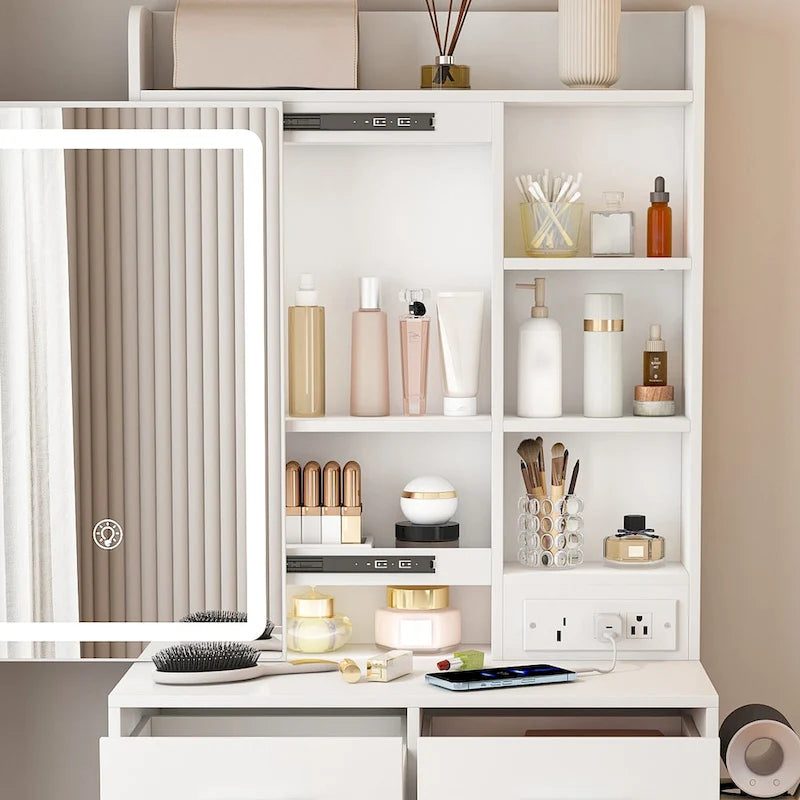 Small Makeup Vanity Desk with Mirror & LED Lights,Built-in Power Outlet & Hidden Storage,Includes Padded stool & Shelf