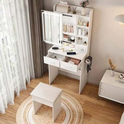 Small Makeup Vanity Desk with Mirror & LED Lights,Built-in Power Outlet & Hidden Storage,Includes Padded stool & Shelf