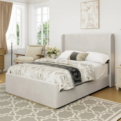 King Size Corduroy Upholstered Bed with 47 Wingback Headboard with Metal/Wood Frame (No Box Spring Needed)