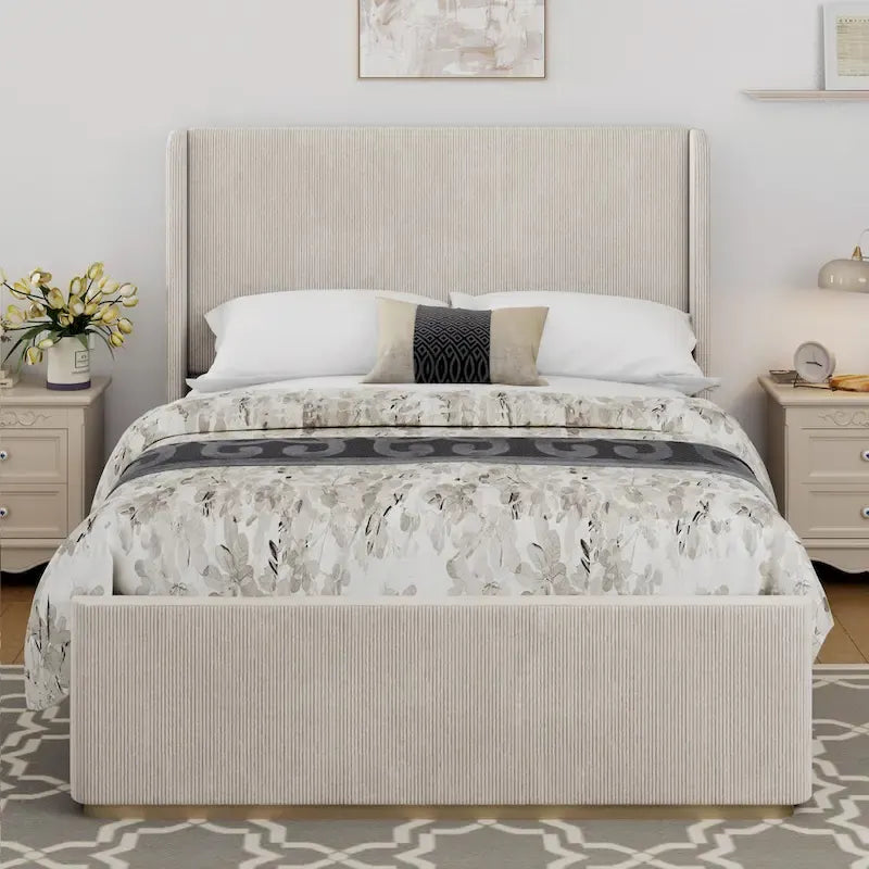 King Size Corduroy Upholstered Bed with 47 Wingback Headboard with Metal/Wood Frame (No Box Spring Needed)