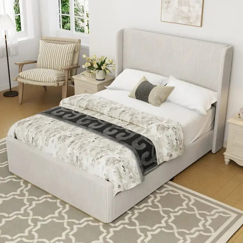 King Size Corduroy Upholstered Bed with 47 Wingback Headboard with Metal/Wood Frame (No Box Spring Needed)