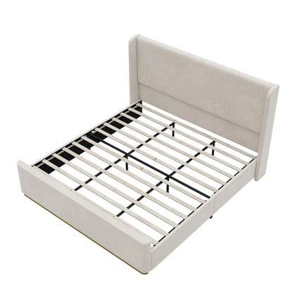 King Size Corduroy Upholstered Bed with 47 Wingback Headboard with Metal/Wood Frame (No Box Spring Needed)