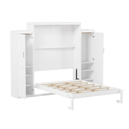 Queen Size Wood Murphy Bed with Two Wardrobe and Storage Shelf, Multifunctional Foldable Platform Bedframe