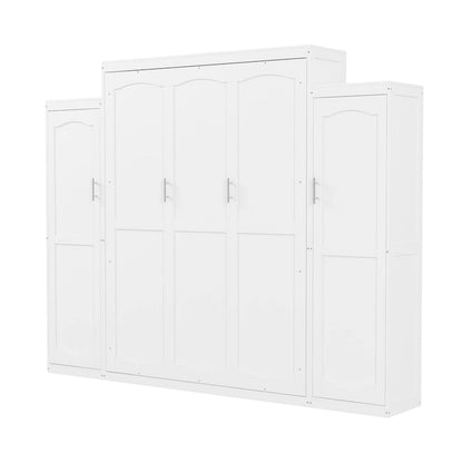 Queen Size Wood Murphy Bed with Two Wardrobe and Storage Shelf, Multifunctional Foldable Platform Bedframe