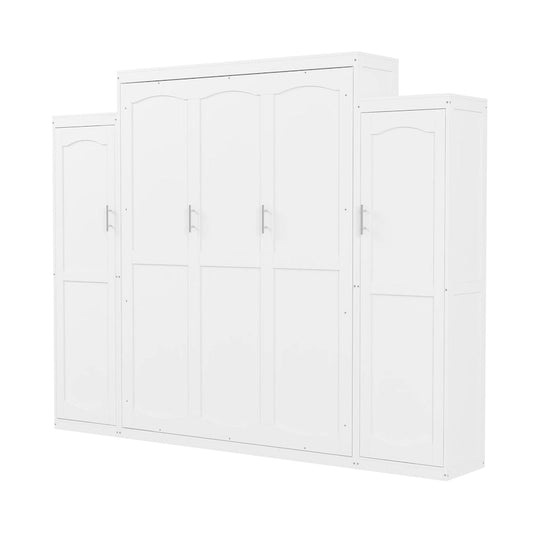 Queen Size Wood Murphy Bed with Two Wardrobe and Storage Shelf, Multifunctional Foldable Platform Bedframe