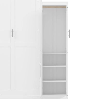 Queen Size Wood Murphy Bed with Two Wardrobe and Storage Shelf, Multifunctional Foldable Platform Bedframe