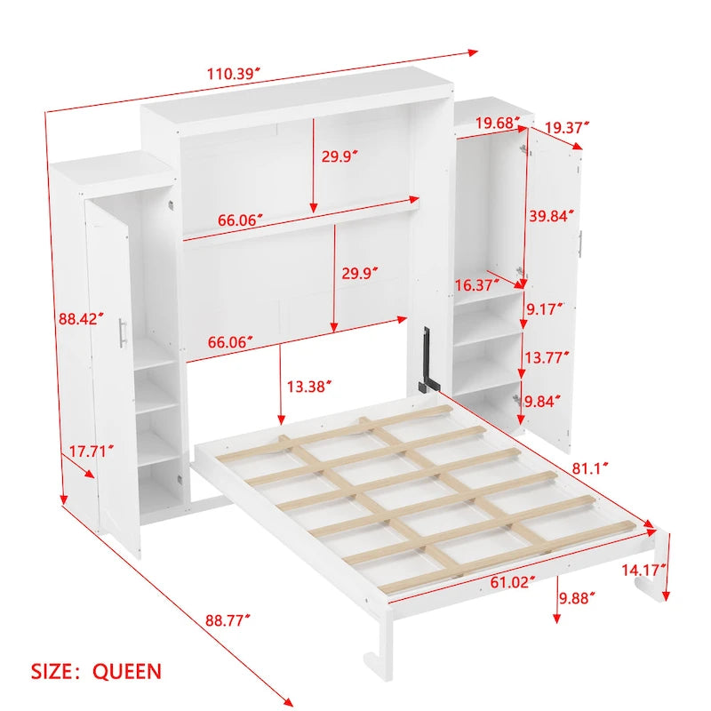 Queen Size Wood Murphy Bed with Two Wardrobe and Storage Shelf, Multifunctional Foldable Platform Bedframe