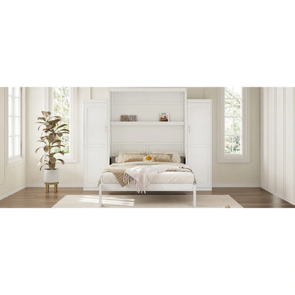 Queen Size Wood Murphy Bed with Two Wardrobe and Storage Shelf, Multifunctional Foldable Platform Bedframe