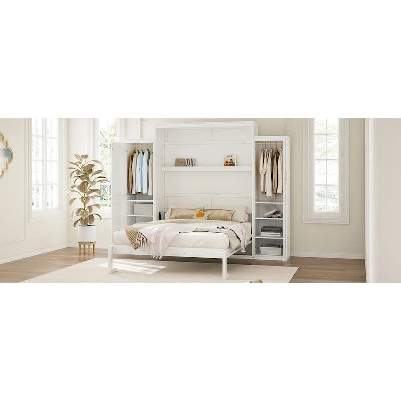 Queen Size Wood Murphy Bed with Two Wardrobe and Storage Shelf, Multifunctional Foldable Platform Bedframe