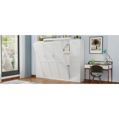 Queen Size Wood Murphy Bed with Two Wardrobe and Storage Shelf, Multifunctional Foldable Platform Bedframe
