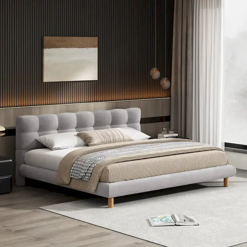 King Size Upholstered Platform with Cookie-Shaped Headboard 12 Slat Support