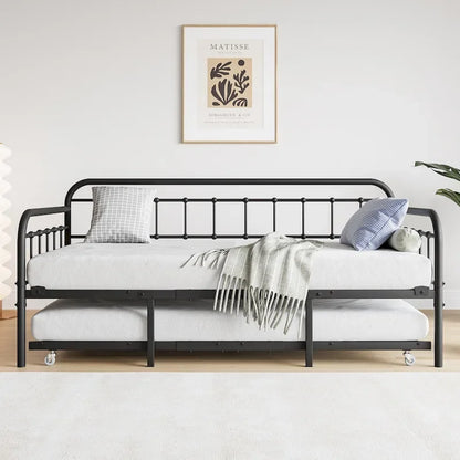 Twin Size Metal Daybed with Trundle and Heavy Duty Steel Slat Support for Bedroom