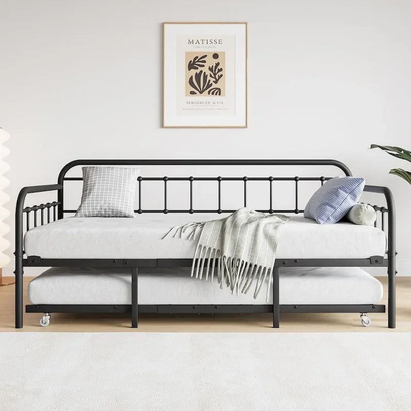 Twin Size Metal Daybed with Trundle and Heavy Duty Steel Slat Support for Bedroom